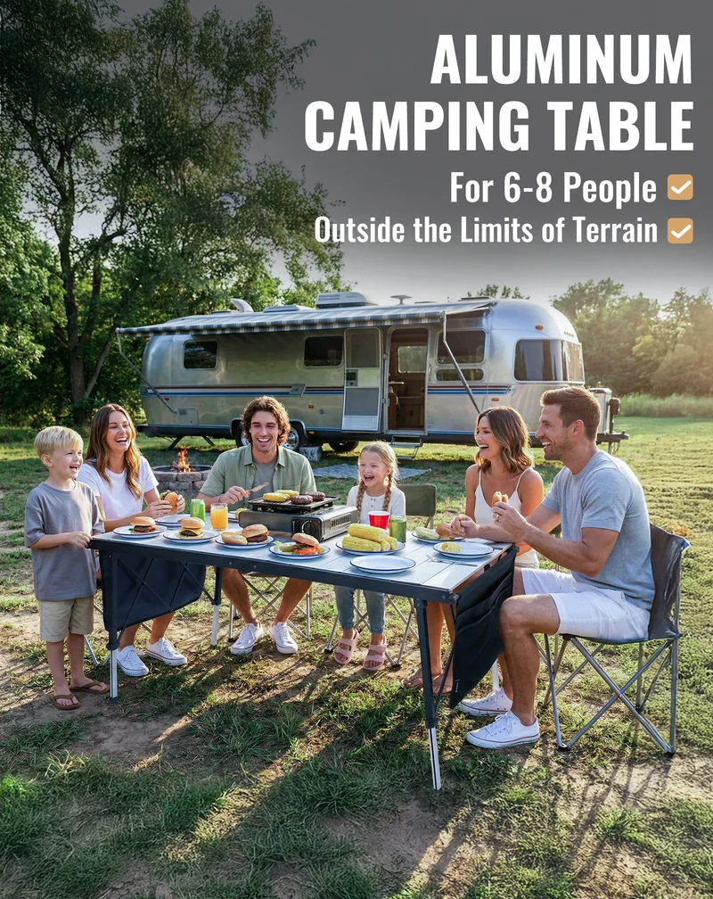 KingCamp GRANITE C14070 Folding Camping Table | 55-Inch Extra Long Roll-Top Table for 6-8 People, Heavy Duty Adjustable Height & Side Pockets