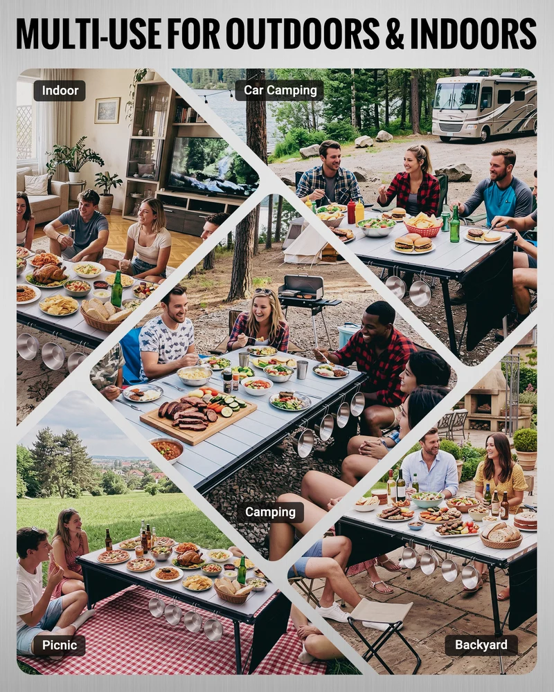 KingCamp GRANITE C14070 Folding Camping Table | 55-Inch Extra Long Roll-Top Table for 6-8 People, Heavy Duty Adjustable Height & Side Pockets
