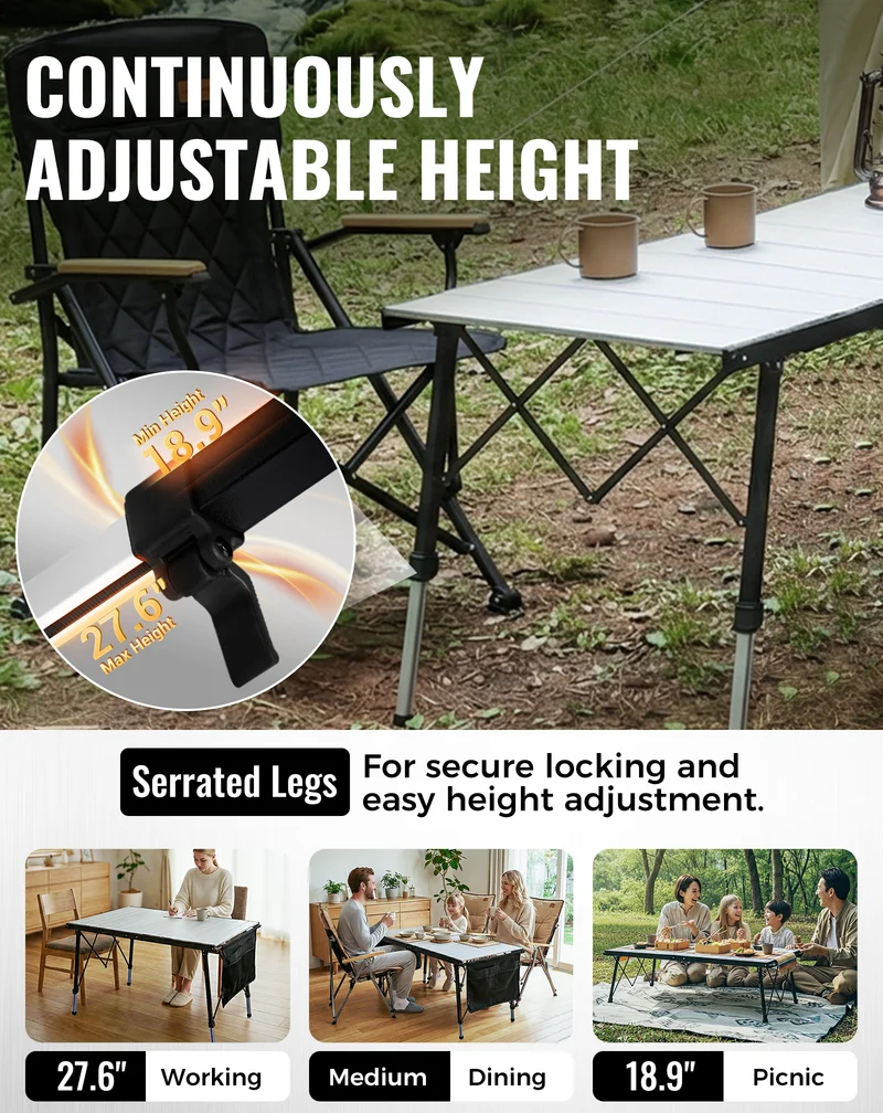 KingCamp GRANITE C14070 Folding Camping Table | 55-Inch Extra Long Roll-Top Table for 6-8 People, Heavy Duty Adjustable Height & Side Pockets