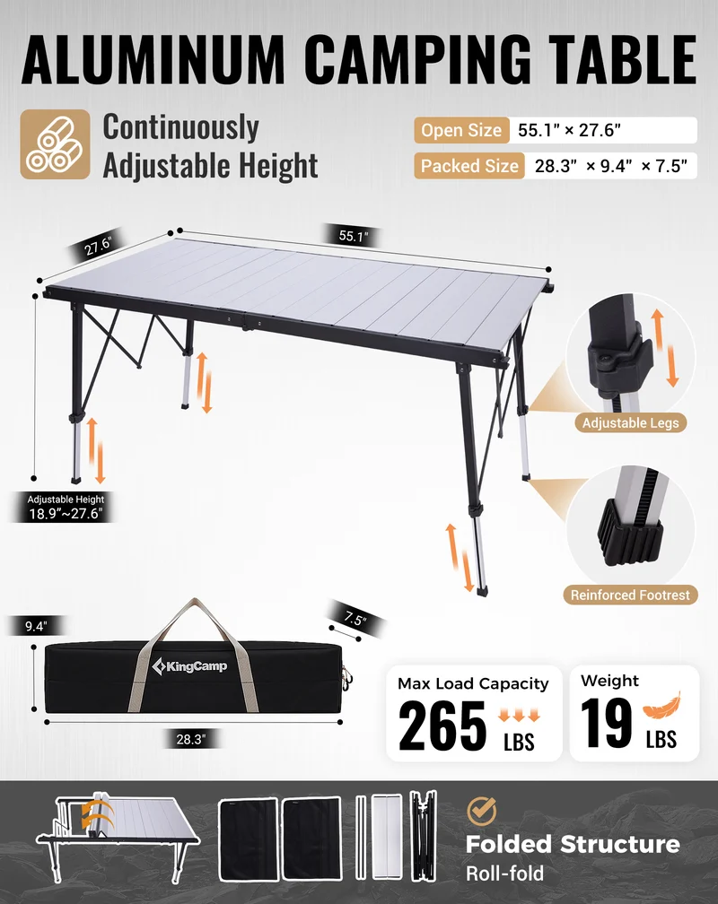 KingCamp GRANITE C14070 Folding Camping Table | 55-Inch Extra Long Roll-Top Table for 6-8 People, Heavy Duty Adjustable Height & Side Pockets