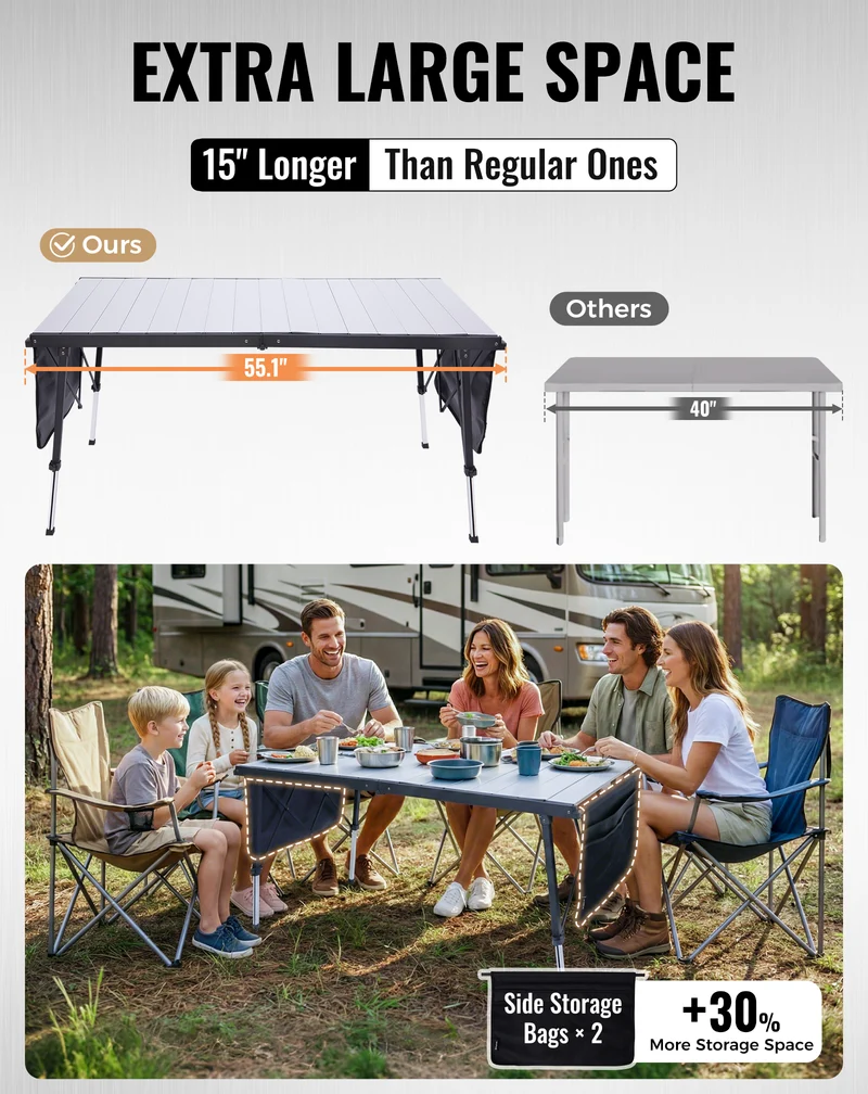 KingCamp GRANITE C14070 Folding Camping Table | 55-Inch Extra Long Roll-Top Table for 6-8 People, Heavy Duty Adjustable Height & Side Pockets