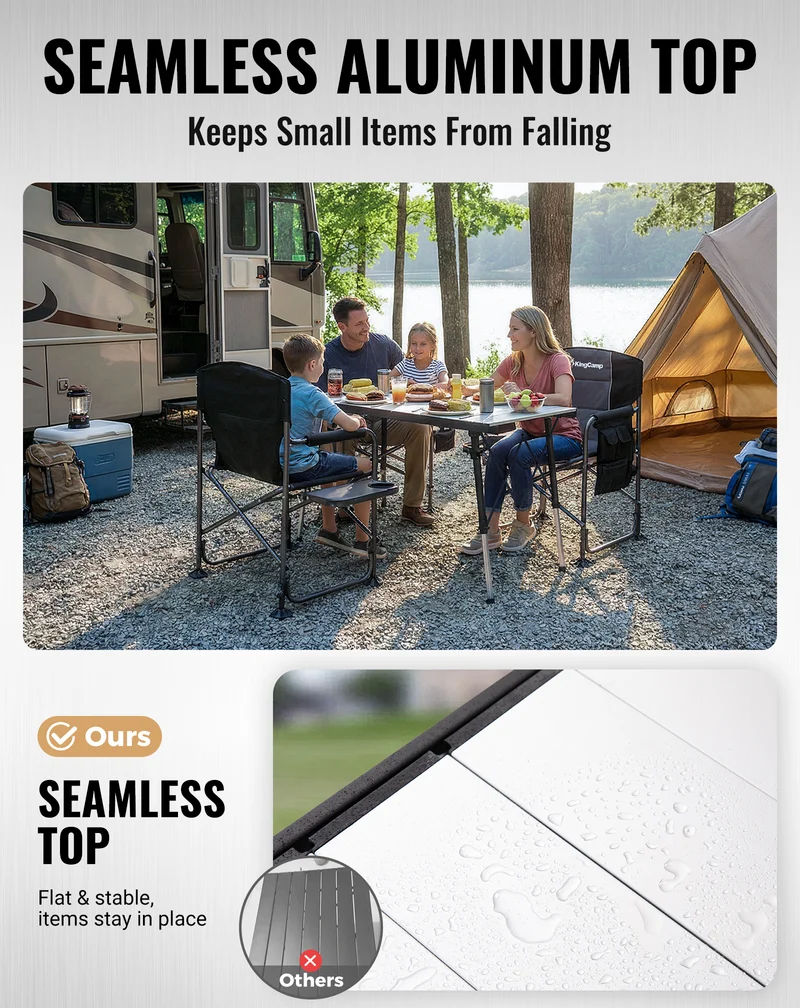 KingCamp GRANITE C14070 Folding Camping Table | 55-Inch Extra Long Roll-Top Table for 6-8 People, Heavy Duty Adjustable Height & Side Pockets