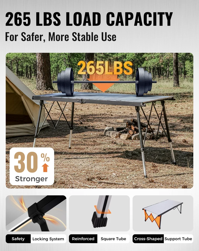 KingCamp GRANITE C14070 Folding Camping Table | 55-Inch Extra Long Roll-Top Table for 6-8 People, Heavy Duty Adjustable Height & Side Pockets