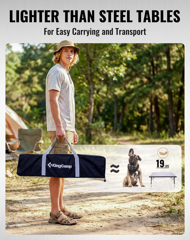 KingCamp GRANITE C14070 Folding Camping Table | 55-Inch Extra Long Roll-Top Table for 6-8 People, Heavy Duty Adjustable Height & Side Pockets
