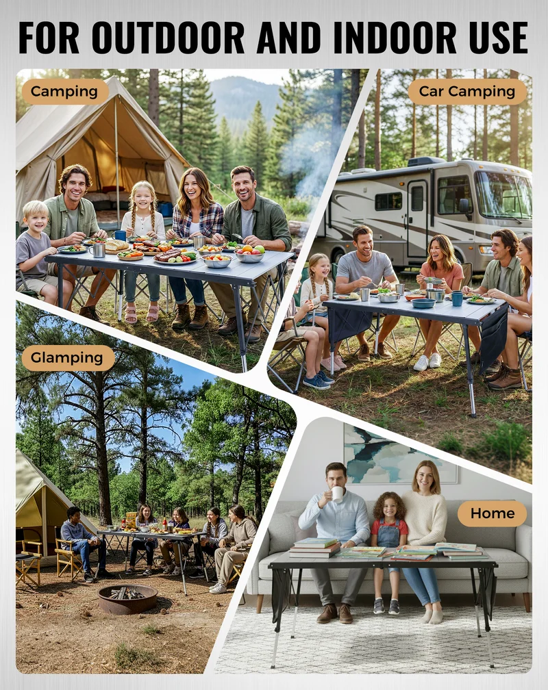 KingCamp GRANITE C14070 Folding Camping Table | 55-Inch Extra Long Roll-Top Table for 6-8 People, Heavy Duty Adjustable Height & Side Pockets