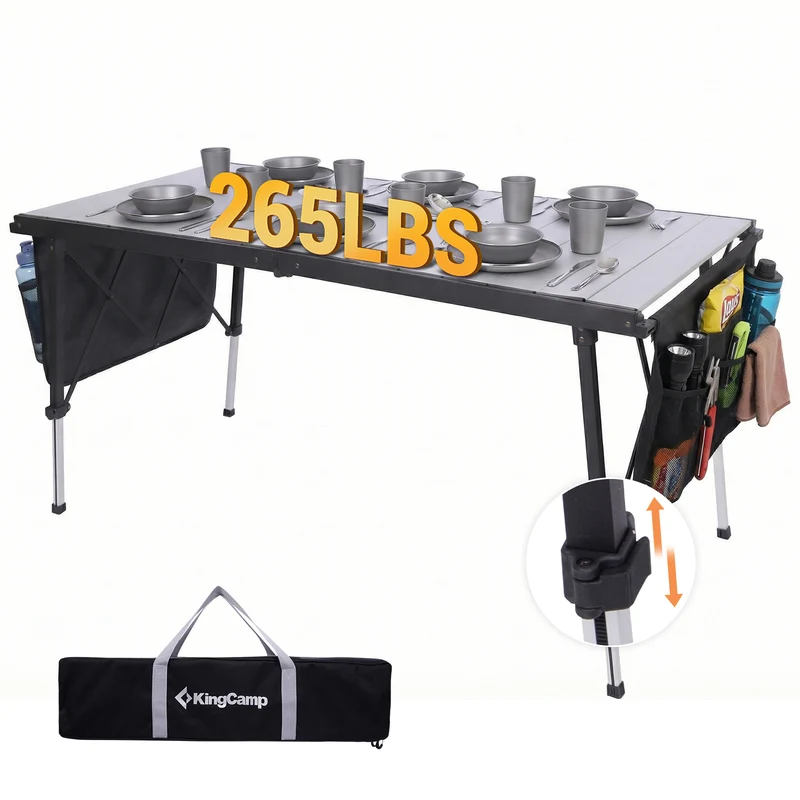 KingCamp GRANITE C14070 Folding Camping Table | 55-Inch Extra Long Roll-Top Table for 6-8 People, Heavy Duty Adjustable Height & Side Pockets