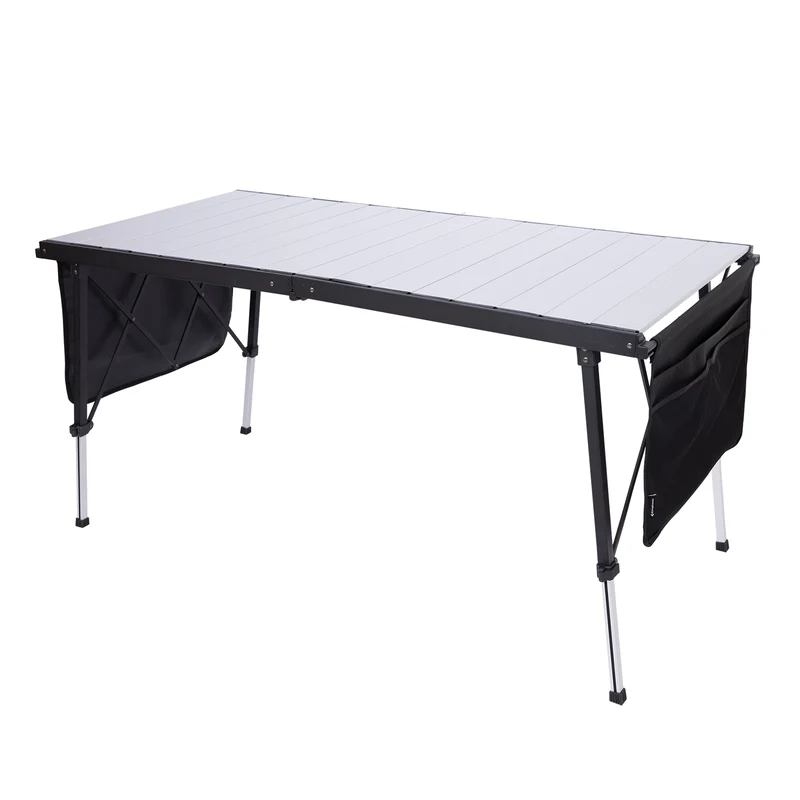 KingCamp GRANITE C14070 Folding Camping Table | 55-Inch Extra Long Roll-Top Table for 6-8 People, Heavy Duty Adjustable Height & Side Pockets