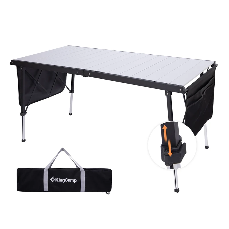 KingCamp GRANITE C14070 Folding Camping Table | 55-Inch Extra Long Roll-Top Table for 6-8 People, Heavy Duty Adjustable Height & Side Pockets