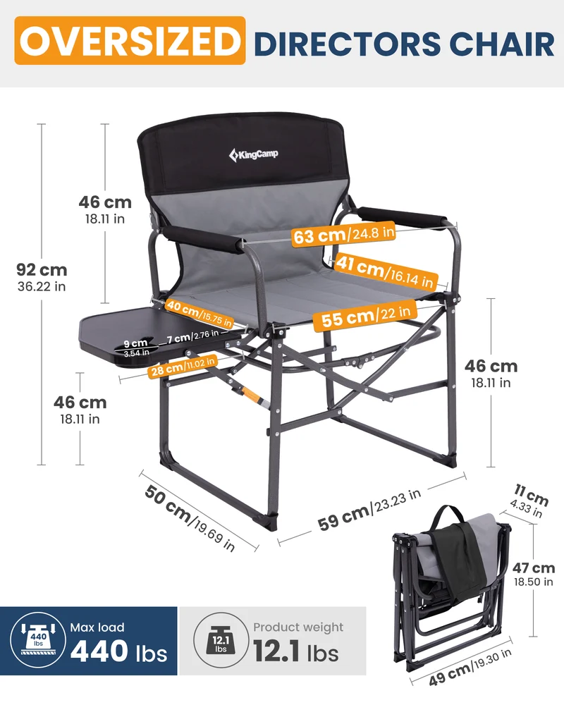 KingCamp ASH C30 Oversized Director's Camp Chair with Side Table | Heavy Duty Folding Chair, 440 lb Capacity & Extra Wide Seat