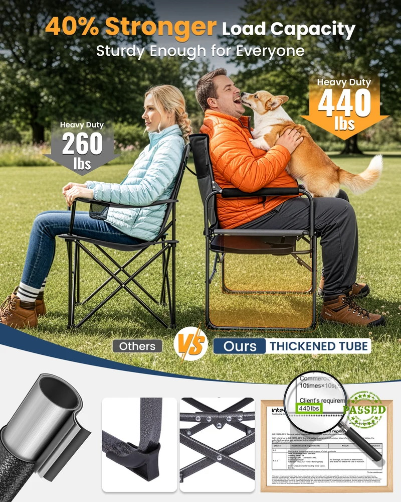 KingCamp ASH C30 Oversized Director's Camp Chair with Side Table | Heavy Duty Folding Chair, 440 lb Capacity & Extra Wide Seat