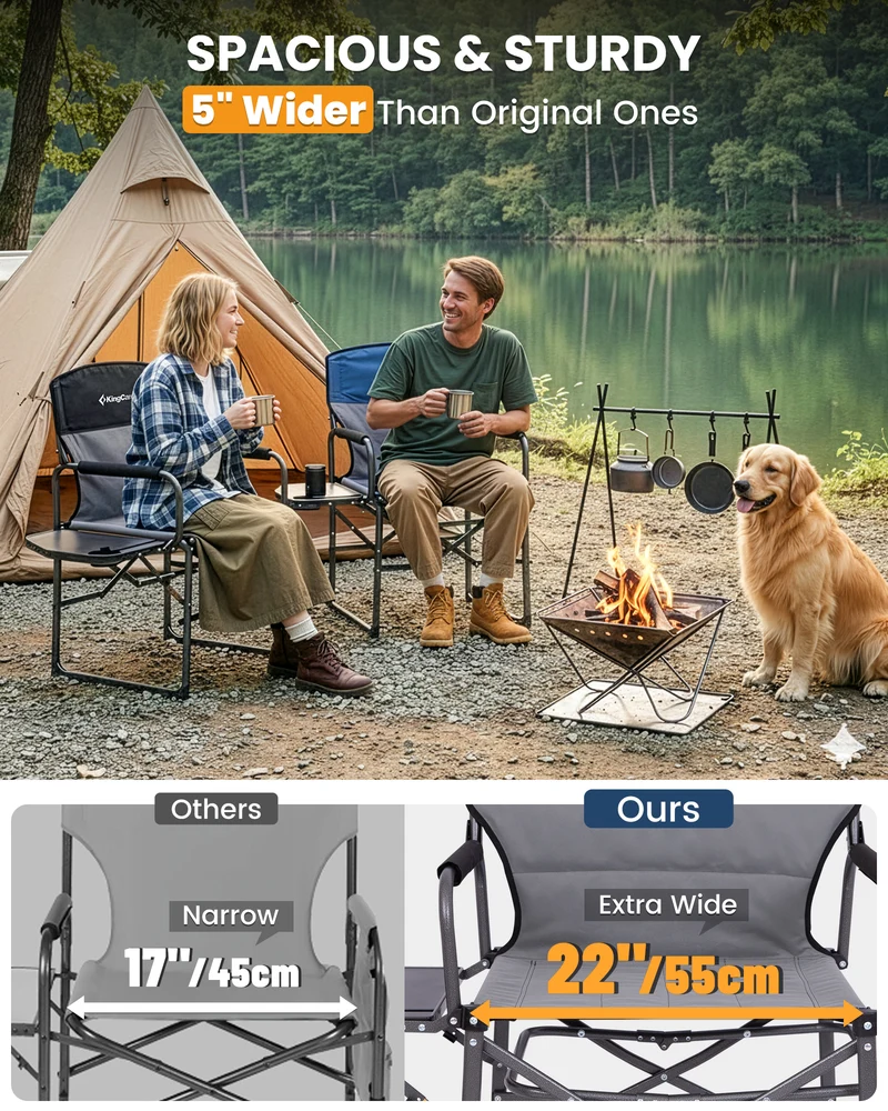 KingCamp ASH C30 Oversized Director's Camp Chair with Side Table | Heavy Duty Folding Chair, 440 lb Capacity & Extra Wide Seat