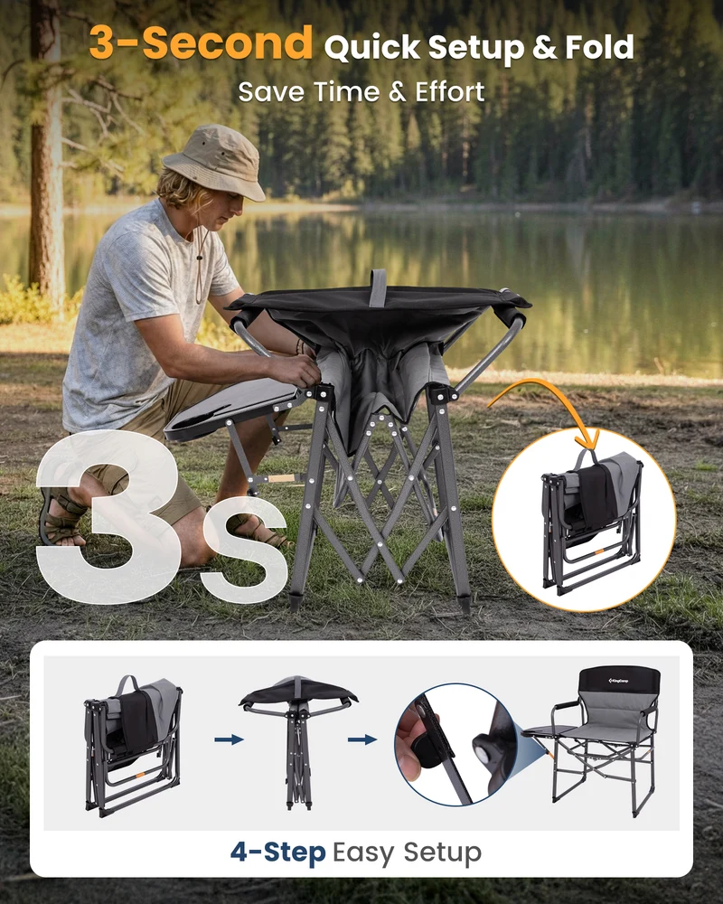 KingCamp ASH C30 Oversized Director's Camp Chair with Side Table | Heavy Duty Folding Chair, 440 lb Capacity & Extra Wide Seat