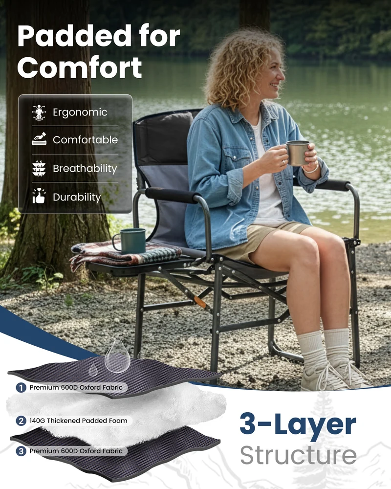 KingCamp ASH C30 Oversized Director's Camp Chair with Side Table | Heavy Duty Folding Chair, 440 lb Capacity & Extra Wide Seat