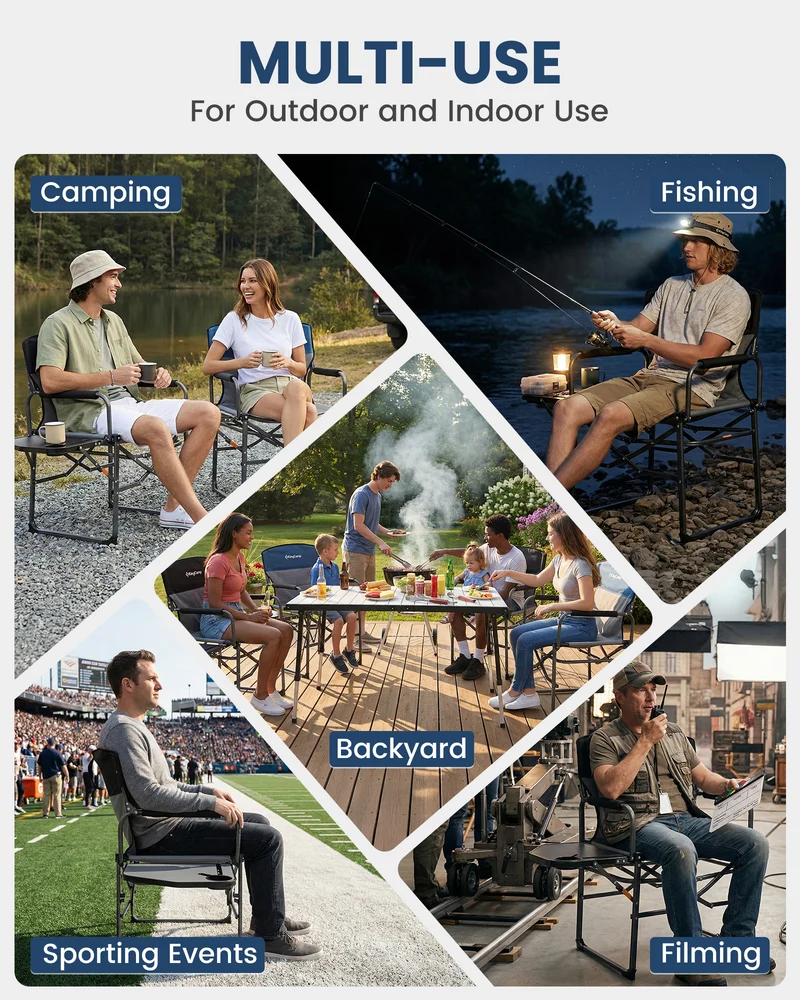 KingCamp ASH C30 Oversized Director's Camp Chair with Side Table | Heavy Duty Folding Chair, 440 lb Capacity & Extra Wide Seat