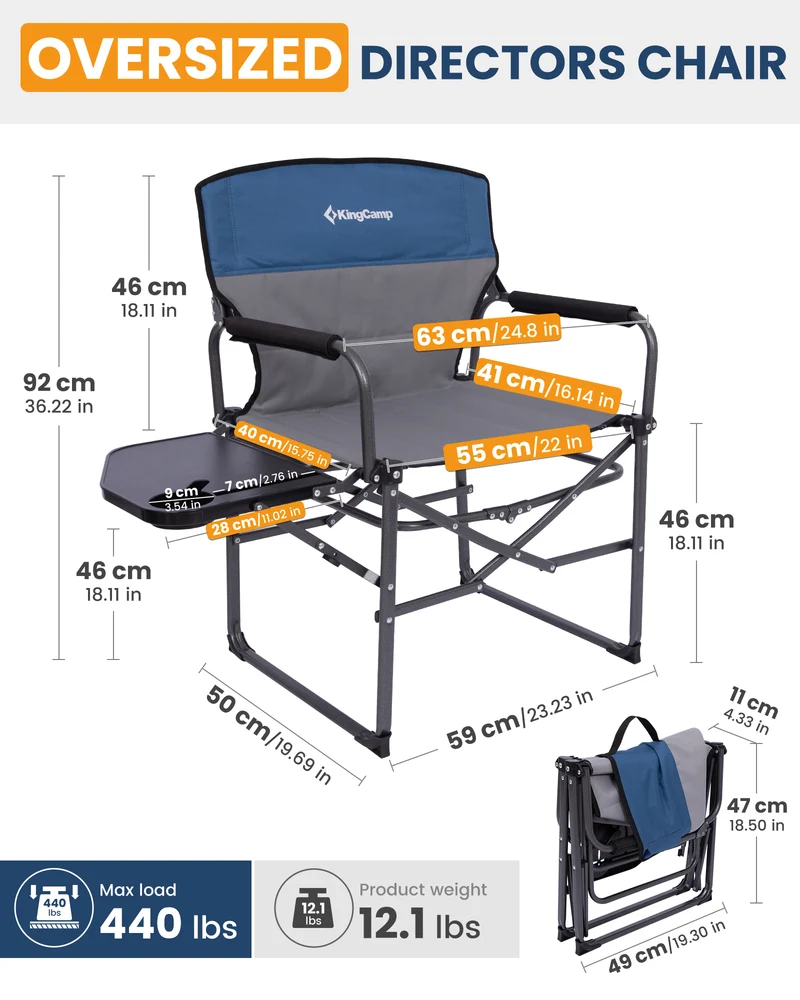 KingCamp ASH C30 Oversized Director's Camp Chair with Side Table | Heavy Duty Folding Chair, 440 lb Capacity & Extra Wide Seat