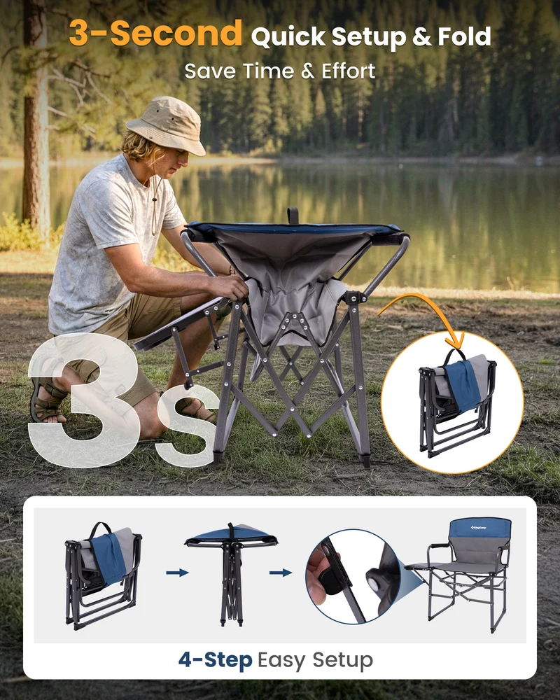 KingCamp ASH C30 Oversized Director's Camp Chair with Side Table | Heavy Duty Folding Chair, 440 lb Capacity & Extra Wide Seat