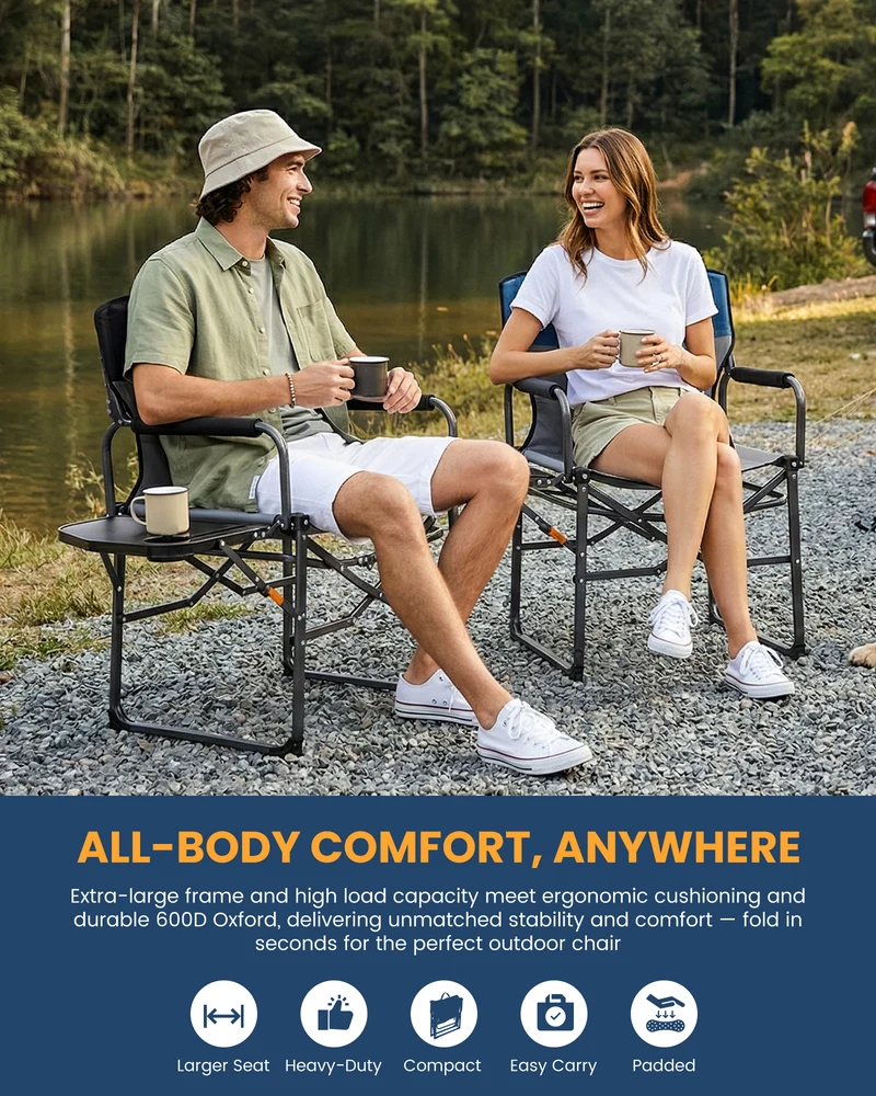 KingCamp ASH C30 Oversized Director's Camp Chair with Side Table | Heavy Duty Folding Chair, 440 lb Capacity & Extra Wide Seat