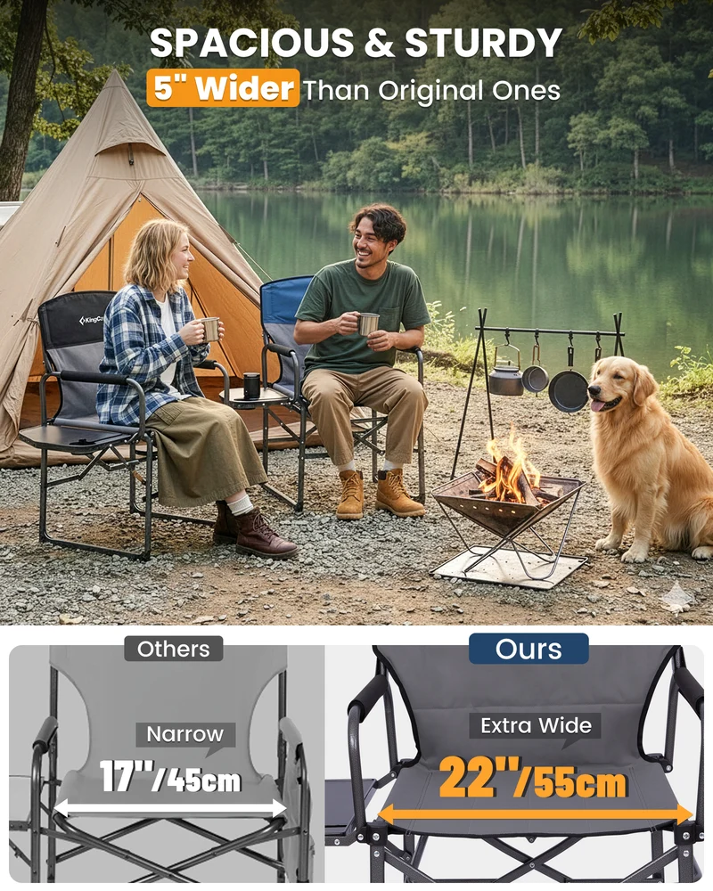 KingCamp ASH C30 Oversized Director's Camp Chair with Side Table | Heavy Duty Folding Chair, 440 lb Capacity & Extra Wide Seat