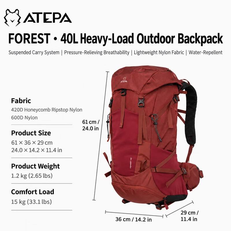 ATEPA FOREST Day & Multi-Day Hiking Backpack – 20L, 25L, 40L Sizes – Lightweight Hydration-Ready Pack with Rain Cover
