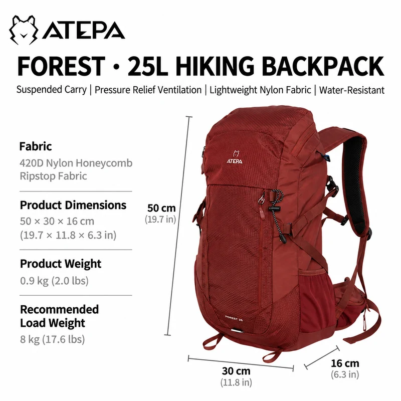 ATEPA FOREST Day & Multi-Day Hiking Backpack – 20L, 25L, 40L Sizes – Lightweight Hydration-Ready Pack with Rain Cover
