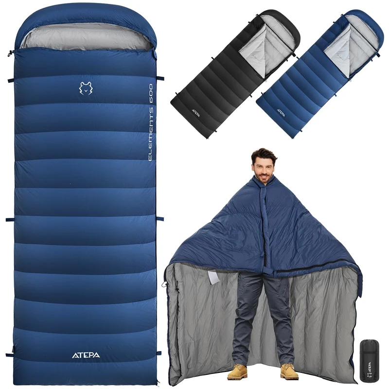 ATEPA ELEMENTS 600 3-in-1 Convertible Sleeping Bag | 600g 650FP Down, Extra-Wide Cold Weather Bag & Quilt, Zips to Double