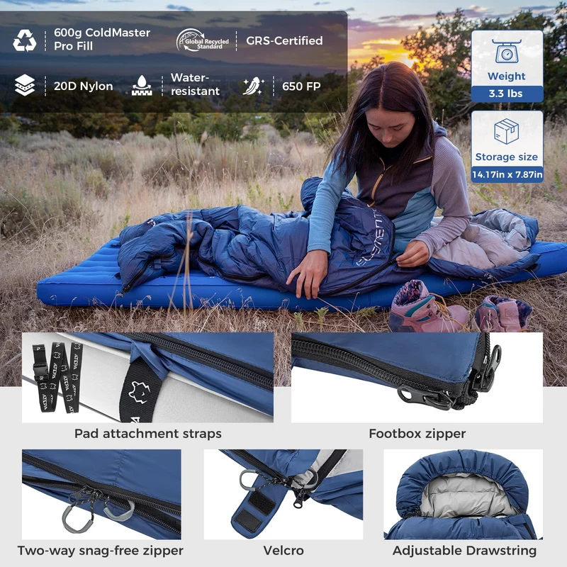 ATEPA ELEMENTS 600 3-in-1 Convertible Sleeping Bag | 600g 650FP Down, Extra-Wide Cold Weather Bag & Quilt, Zips to Double