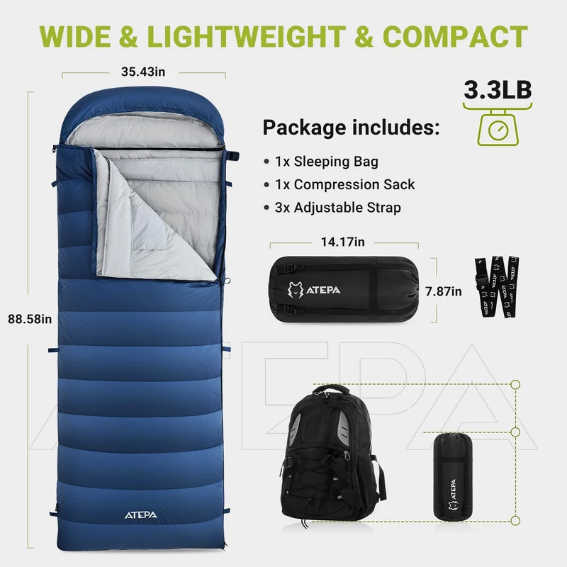 ATEPA ELEMENTS 600 3-in-1 Convertible Sleeping Bag | 600g 650FP Down, Extra-Wide Cold Weather Bag & Quilt, Zips to Double