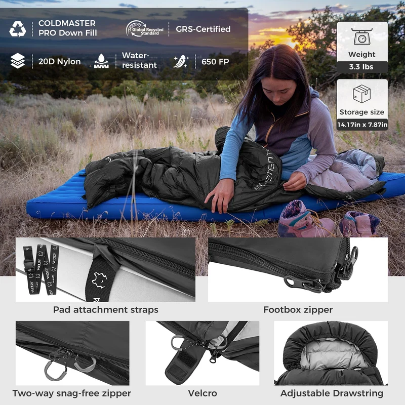 ATEPA ELEMENTS 600 3-in-1 Convertible Sleeping Bag | 600g 650FP Down, Extra-Wide Cold Weather Bag & Quilt, Zips to Double