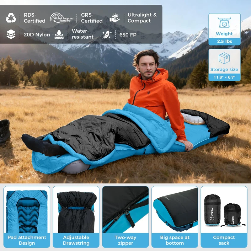 ATEPA BULWARK 300 3-in-1 Convertible Sleeping Bag | 300g 650FP Down Blend for Backpacking & Camping
