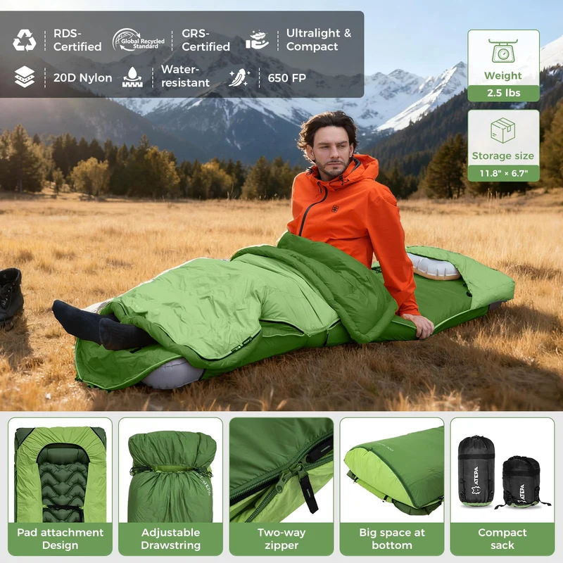 ATEPA BULWARK 300 3-in-1 Convertible Sleeping Bag | 300g 650FP Down Blend for Backpacking & Camping