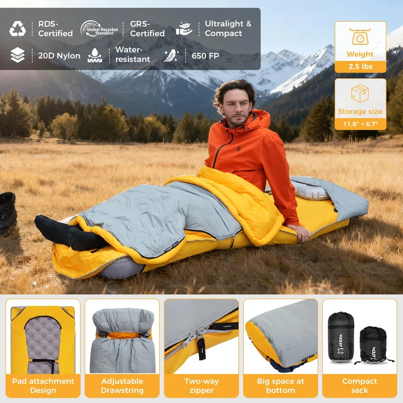 ATEPA BULWARK 300 3-in-1 Convertible Sleeping Bag | 300g 650FP Down Blend for Backpacking & Camping