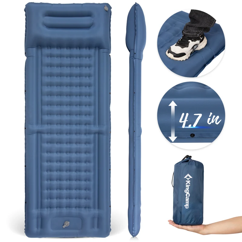 KingCamp DELUXE 12 Inflatable Sleeping Pad – Built‑In Foot Pump & Pillow, Lightweight Camping Mat