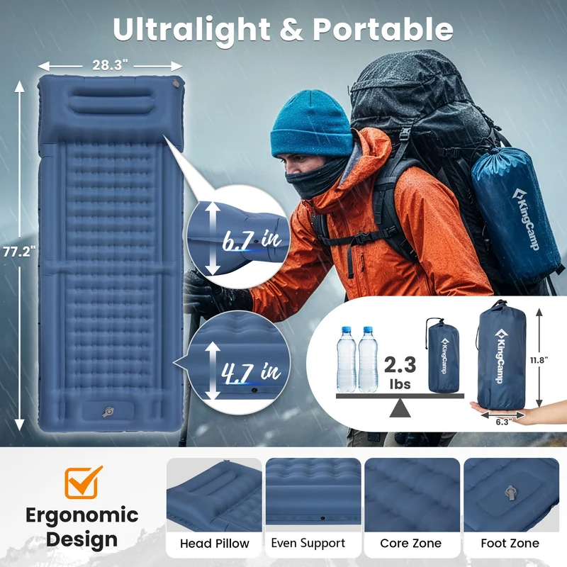 KingCamp DELUXE 12 Inflatable Sleeping Pad – Built‑In Foot Pump & Pillow, Lightweight Camping Mat
