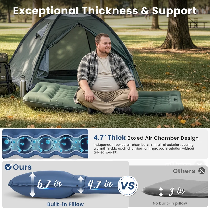 KingCamp DELUXE 12 Inflatable Sleeping Pad – Built‑In Foot Pump & Pillow, Lightweight Camping Mat