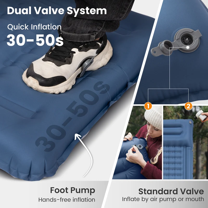 KingCamp DELUXE 12 Inflatable Sleeping Pad – Built‑In Foot Pump & Pillow, Lightweight Camping Mat