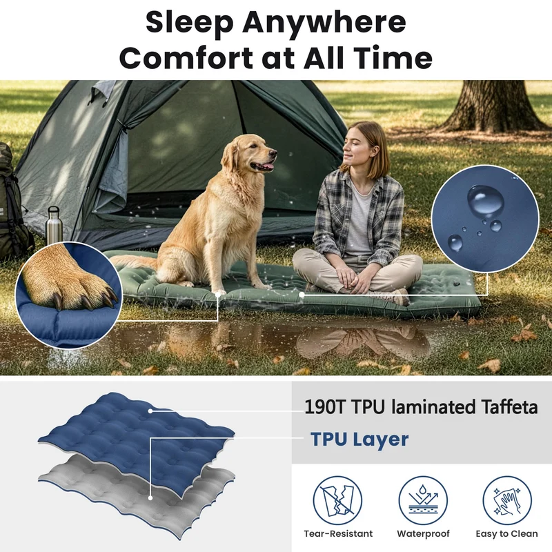 KingCamp DELUXE 12 Inflatable Sleeping Pad – Built‑In Foot Pump & Pillow, Lightweight Camping Mat