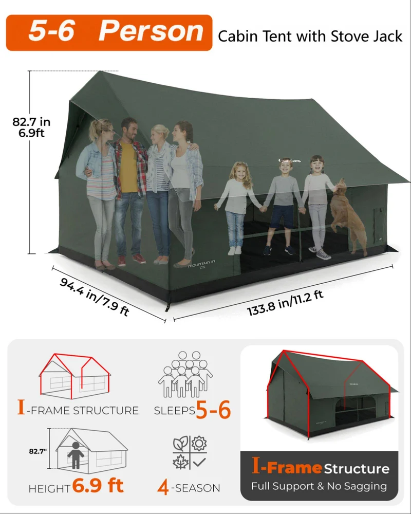 KingCamp MOUNTAIN IN C5 Canvas Hot Tent | 5-6 Person Cabin Tent with Stove Jack, Waterproof & Windproof for 4-Season Camping