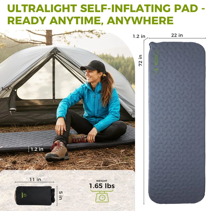 ATEPA HybridLoft 3 Ultralight Self-Inflating Sleeping Pad | 2 lb Compact Camping Mat with 4-Side Compression, R-Value 2.3, 3-Season Backpacking Pad