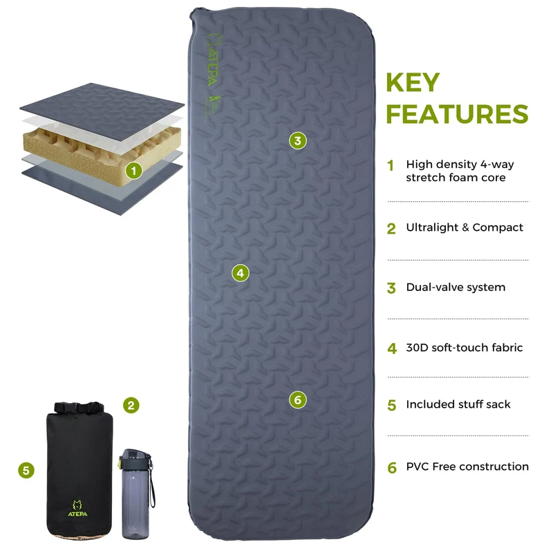ATEPA HybridLoft 3 Ultralight Self-Inflating Sleeping Pad | 2 lb Compact Camping Mat with 4-Side Compression, R-Value 2.3, 3-Season Backpacking Pad