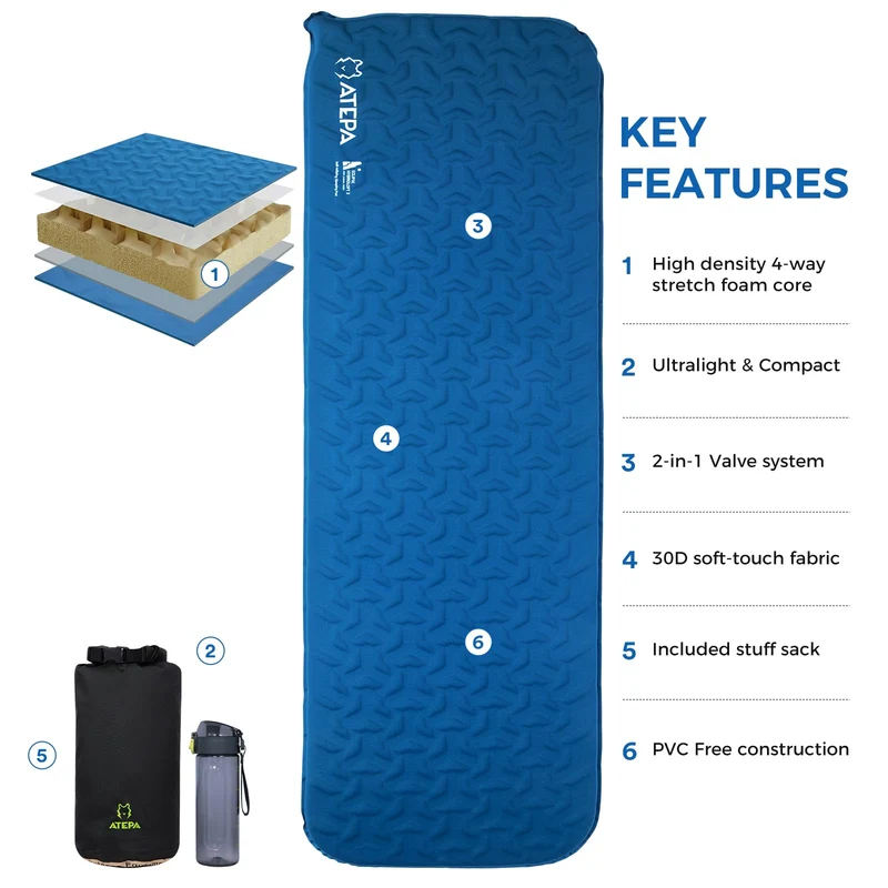 ATEPA HybridLoft 3 Ultralight Self-Inflating Sleeping Pad | 2 lb Compact Camping Mat with 4-Side Compression, R-Value 2.3, 3-Season Backpacking Pad