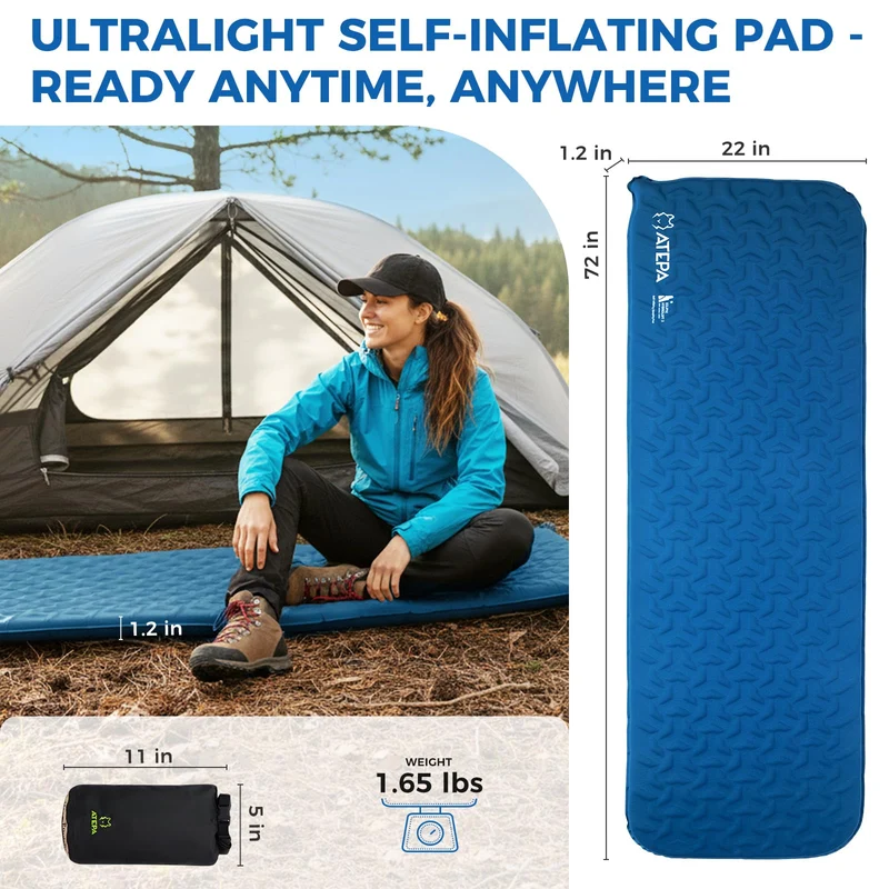 ATEPA HybridLoft 3 Ultralight Self-Inflating Sleeping Pad | 2 lb Compact Camping Mat with 4-Side Compression, R-Value 2.3, 3-Season Backpacking Pad