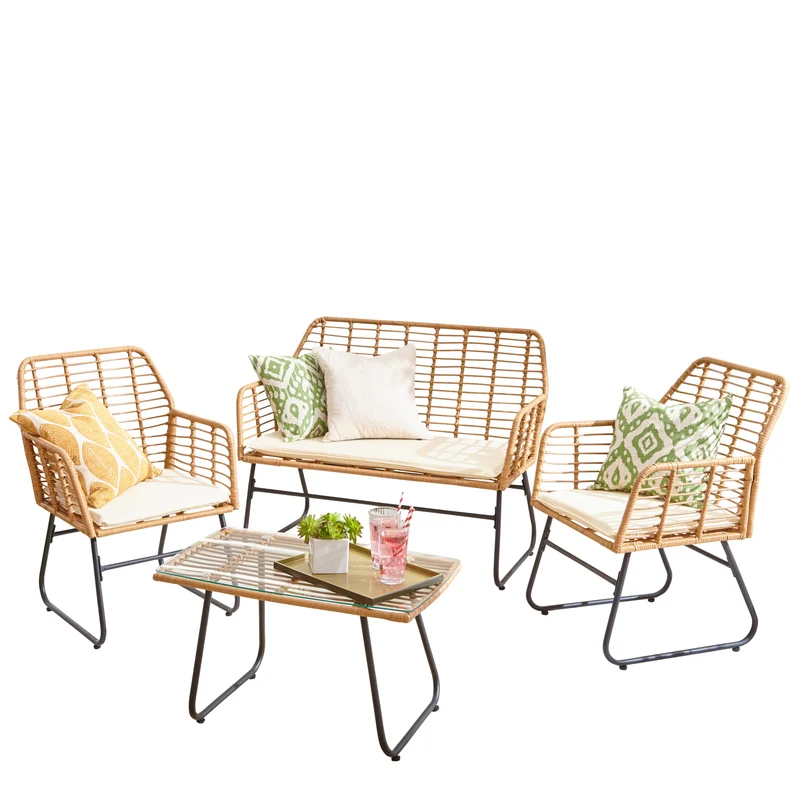 Neo Beige 4 Piece Wicker Bamboo Style Garden Sofa, Table & Chairs Set