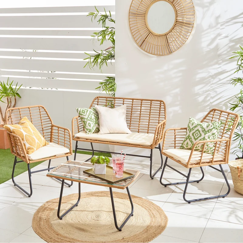 Neo Beige 4 Piece Wicker Bamboo Style Garden Sofa, Table & Chairs Set