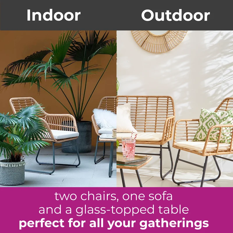 Neo Beige 4 Piece Wicker Bamboo Style Garden Sofa, Table & Chairs Set