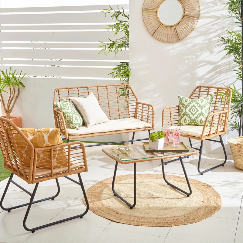 Neo Beige 4 Piece Wicker Bamboo Style Garden Sofa, Table & Chairs Set