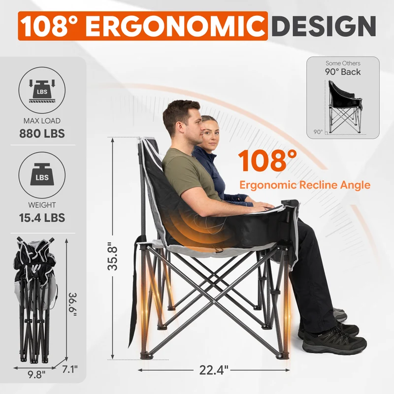 FUNDANGO Heated Double Camping Chair, 2-Person Loveseat with 4 Heating Zones, 3 Heat Settings, 880 lbs Capacity