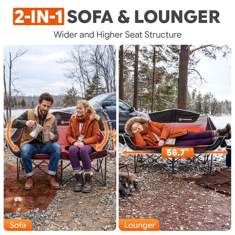 FUNDANGO Heated Double Camping Chair, 2-Person Loveseat with 4 Heating Zones, 3 Heat Settings, 880 lbs Capacity
