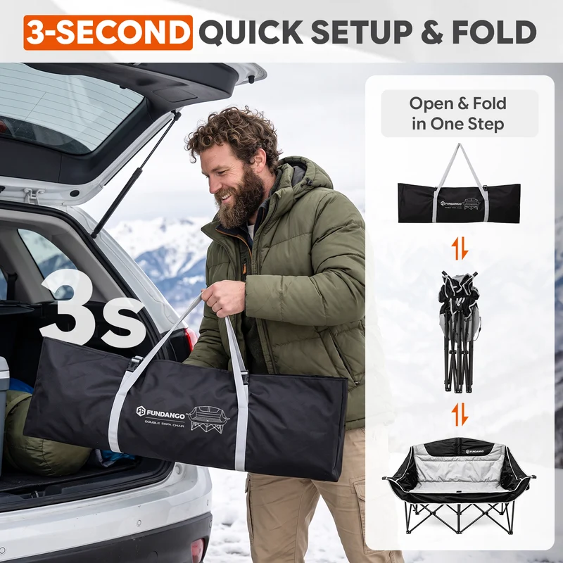 FUNDANGO Heated Double Camping Chair, 2-Person Loveseat with 4 Heating Zones, 3 Heat Settings, 880 lbs Capacity