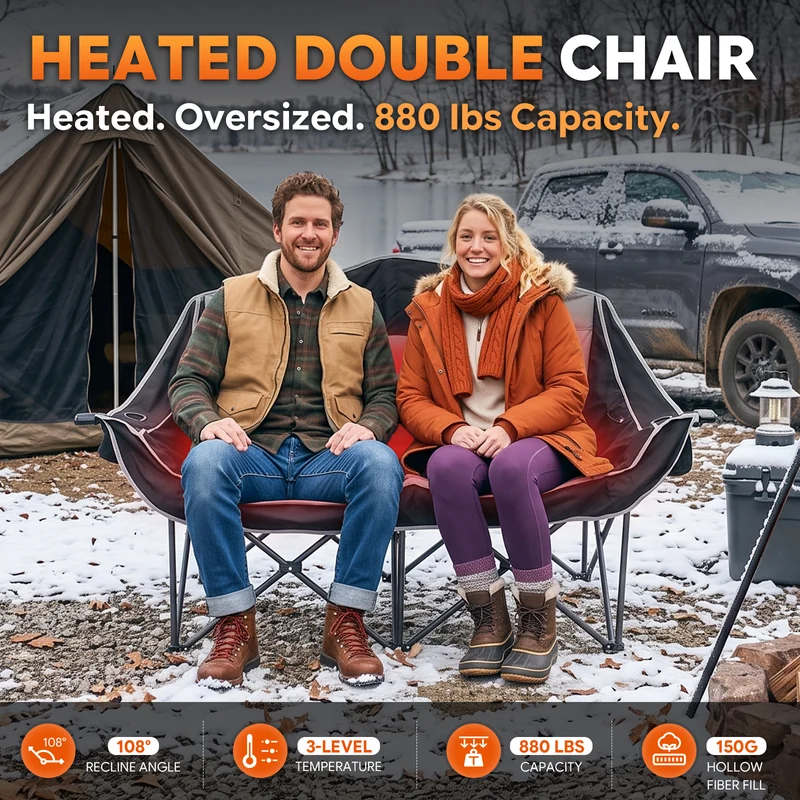FUNDANGO Heated Double Camping Chair, 2-Person Loveseat with 4 Heating Zones, 3 Heat Settings, 880 lbs Capacity