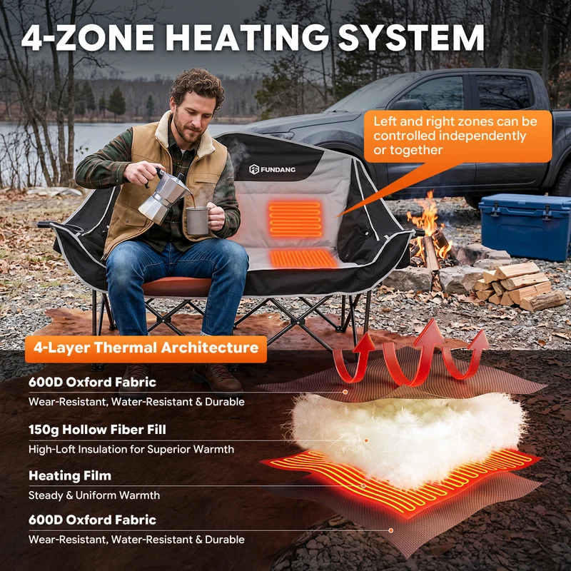 FUNDANGO Heated Double Camping Chair, 2-Person Loveseat with 4 Heating Zones, 3 Heat Settings, 880 lbs Capacity